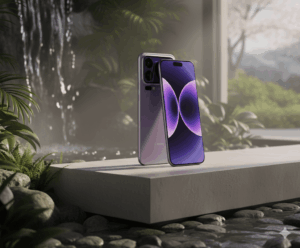 “Xiaomi 17 Pro Max smartphone in paars, met groot display en premium design, gepresenteerd in natuurlijke setting.”