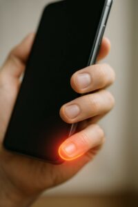 Close-up van een hand die een smartphone vasthoudt met een overbelaste pink, zichtbaar geïrriteerd door ‘smartphone-pink’.