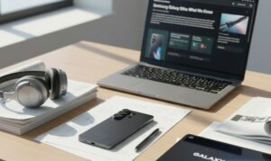 Samsung S26 Ultra op bureau naast laptop tijdens het lezen van nieuws en geruchten