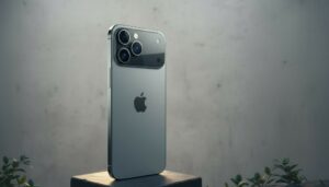 Achterkant van een moderne iPhone 18 met drievoudige camera op sokkel, symbool voor nieuwe Apple-smartphones