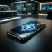 Futuristische smartphone met AI-interface op een donkere tafel in high-tech omgeving