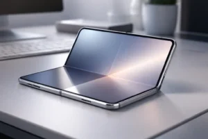 Concept van een opvouwbare iPhone met groot flexibel scherm half opengeklapt op een modern bureau.