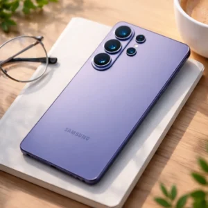 Samsung Galaxy S26 Ultra liggend op een houten tafel met moderne setting