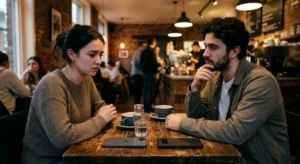 Man en vrouw op date met iPhone en Android telefoon op tafel