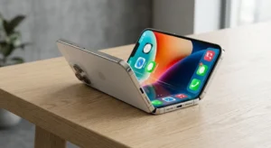 Vouwbare iPhone Ultra half opengeklapt op een houten tafel met groot scherm zonder zichtbare vouw