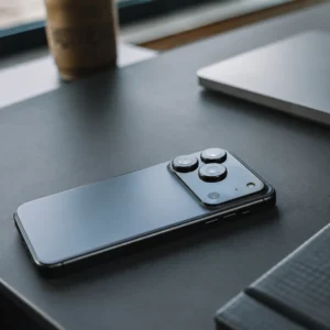 Moderne premium Iphone 18 ligt op een bureau met focus op camera en design.