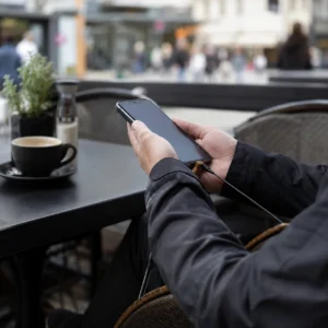 Persoon houdt smartphone vast op een drukke openbare plek als symbool voor iPhone-diefstalpreventie.