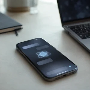 Moderne iPhone met abstracte AI-assistent-interface op een bureau.