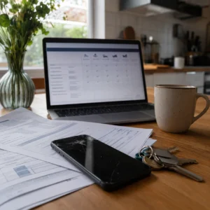 Gebarsten smartphone naast verzekeringspapieren op keukentafel